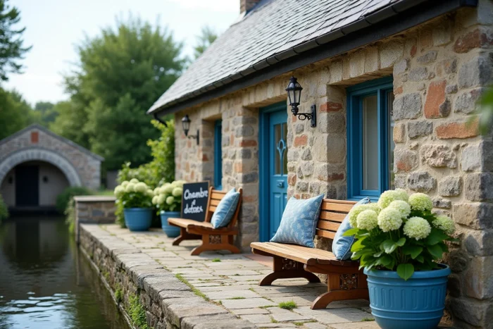 Maison éclusière bretonne rénovée en chambre d'hôtes avec terrasse au bord du canal pour le tourisme fluvial