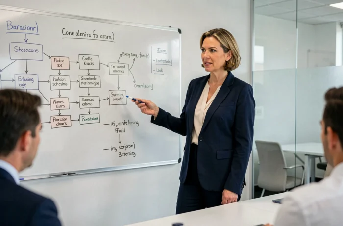Femme manager présentant une stratégie de management moderne sur un tableau blanc lors d'une réunion d'équipe en entreprise