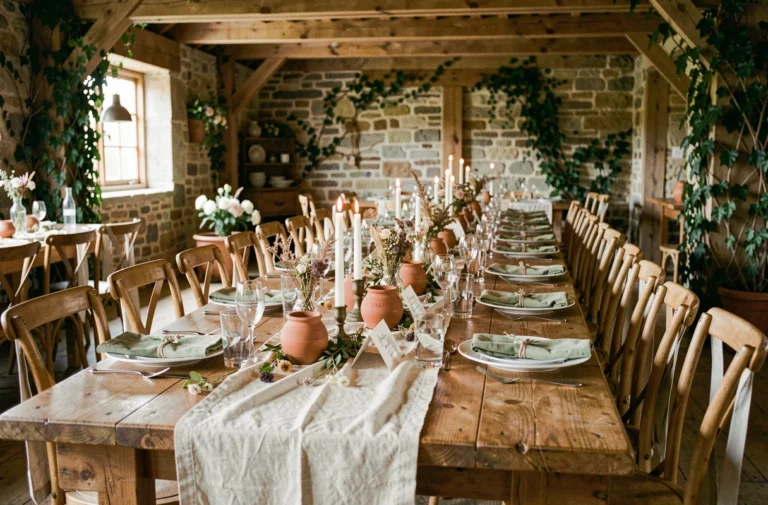 Table de mariage intime dressée pour 30 personnes dans une grange rustique avec décoration florale naturelle et chandelles en terre cuite
