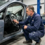 Mécanicien professionnel inspectant le tableau de bord d'une Opel Meriva dans un garage automobile pour diagnostiquer les voyants