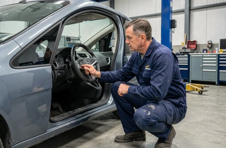 Mécanicien professionnel inspectant le tableau de bord d'une Opel Meriva dans un garage automobile pour diagnostiquer les voyants
