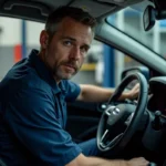 Mécanicien inspectant le tableau de bord d'une voiture avec voyants allumés après reprogrammation moteur