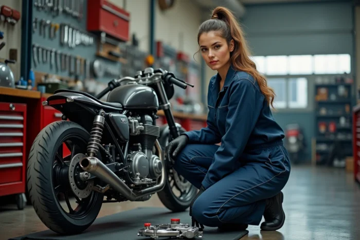 Mécanicienne en combinaison bleue travaillant sur un moteur de moto dans un atelier urbain