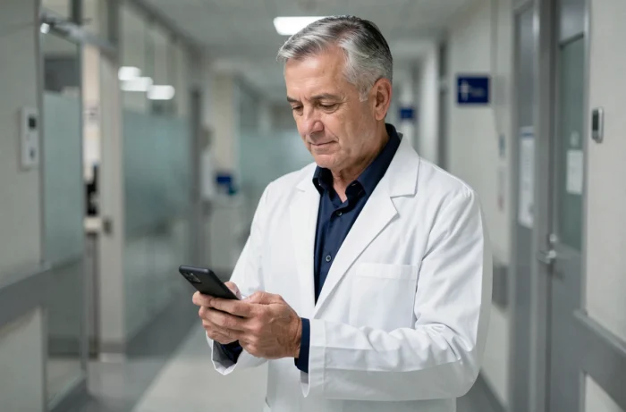 Médecin masculin en blouse blanche consultant des informations de santé sur son smartphone dans un couloir d'hôpital moderne