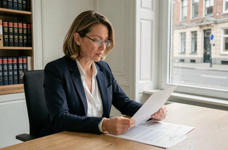 Professionnelle belge en blazer marine relisant des documents juridiques relatifs aux mentions légales d'un site web dans un bureau moderne