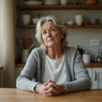 Femme mature assise seule à une table de cuisine avec une expression pensive et émotionnellement chargée, illustrant la culpabilité maternelle face aux reproches d'une fille adulte