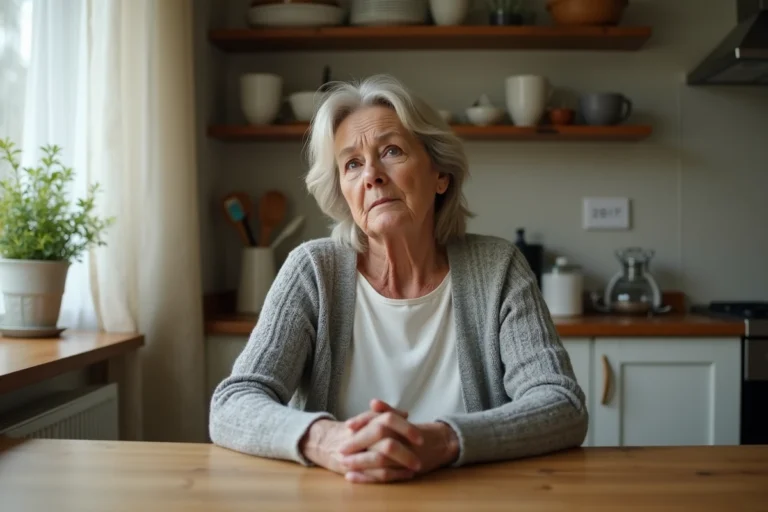 Femme mature assise seule à une table de cuisine avec une expression pensive et émotionnellement chargée, illustrant la culpabilité maternelle face aux reproches d'une fille adulte