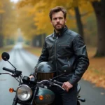 Motard en veste de cuir noir posant à côté de sa moto de tourisme sur une route de campagne en automne