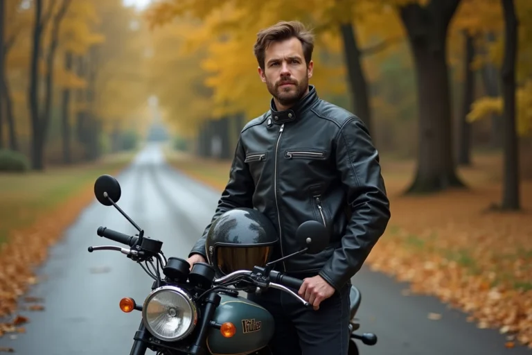 Motard en veste de cuir noir posant à côté de sa moto de tourisme sur une route de campagne en automne
