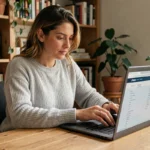 Femme naviguant sur le plan de site d'un journal en ligne depuis son bureau à domicile