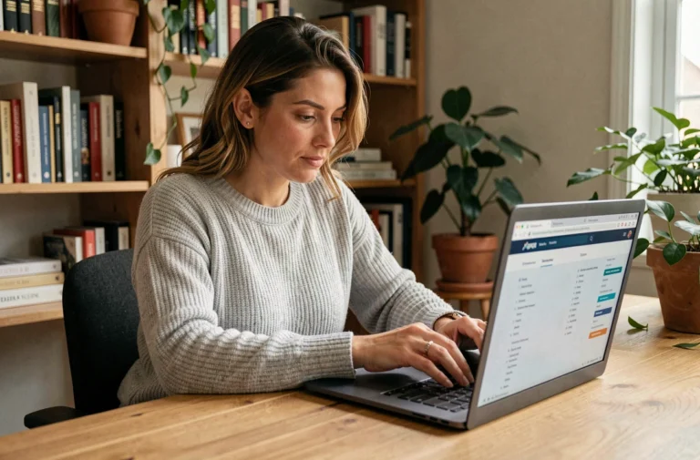 Femme naviguant sur le plan de site d'un journal en ligne depuis son bureau à domicile
