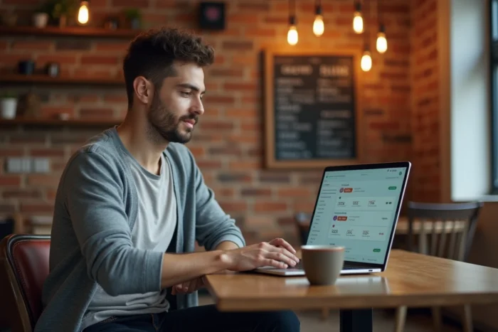 Homme travaillant sur l'optimisation de ses annonces professionnelles depuis un café avec un ordinateur portable