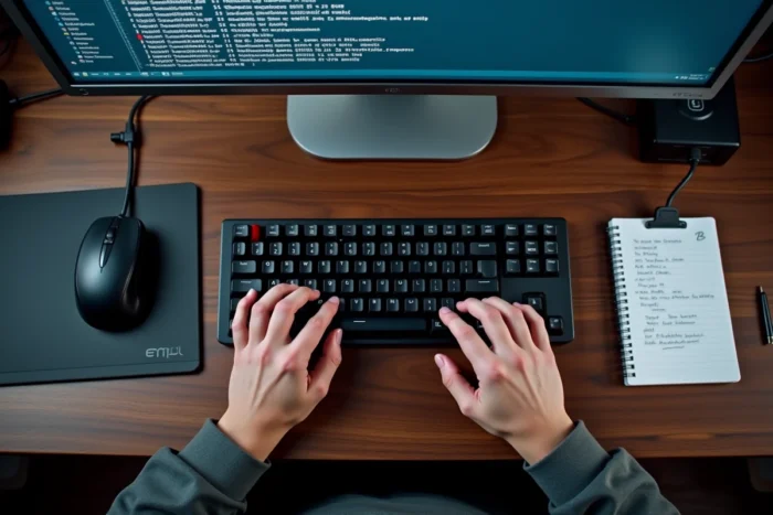 Mains tapant sur un clavier pour configurer les paramètres de serveur eMule avec des notes manuscrites visibles