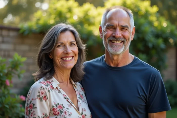 Couple de parents aux origines méditerranéennes et latino-américaines souriant dans un jardin verdoyant, portrait familial authentique