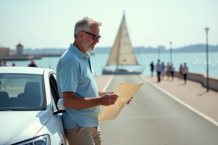 Homme consultant une carte papier appuyé contre sa voiture dans un parking gratuit face au bassin d'Arcachon