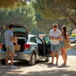 Famille garante une voiture dans un parking gratuit ombragé par des pins à Arcachon un dimanche matin
