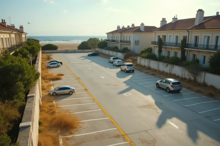 Vue d'ensemble d'un parking gratuit quasi vide un dimanche matin à Arcachon avec villas arcachonnaises en arrière-plan