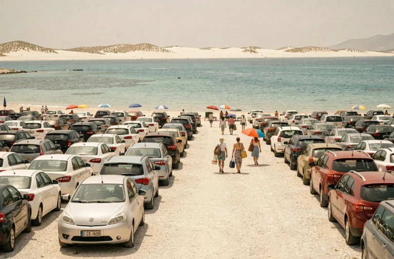 Parking bondé près de la plage de La Pelosa en Sardaigne avec des voitures alignées et la mer turquoise en arrière-plan