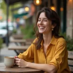 Femme souriante à la personnalité solaire sirotant un café en terrasse, incarnant joie et bienveillance au quotidien