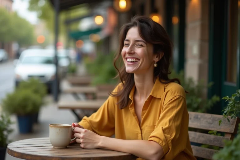 Femme souriante à la personnalité solaire sirotant un café en terrasse, incarnant joie et bienveillance au quotidien