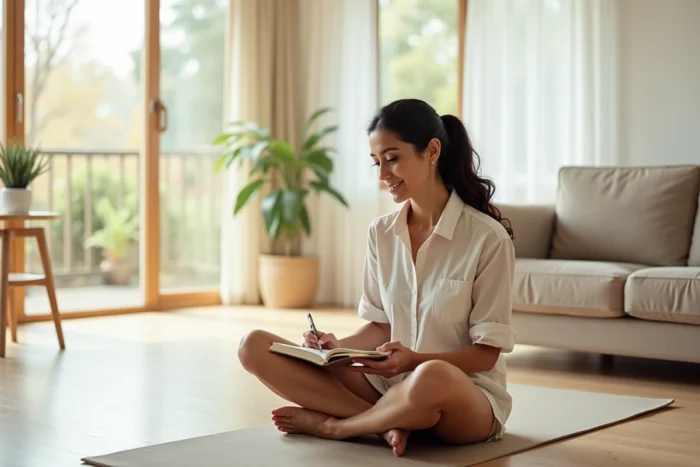Femme épanouie pratiquant la pleine conscience et l'écriture dans son salon minimaliste, cultivant une personnalité solaire au quotidien
