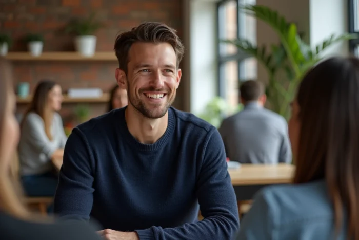 Homme bienveillant et positif écoutant activement ses collègues dans un espace de travail moderne, illustrant une personnalité solaire au bureau