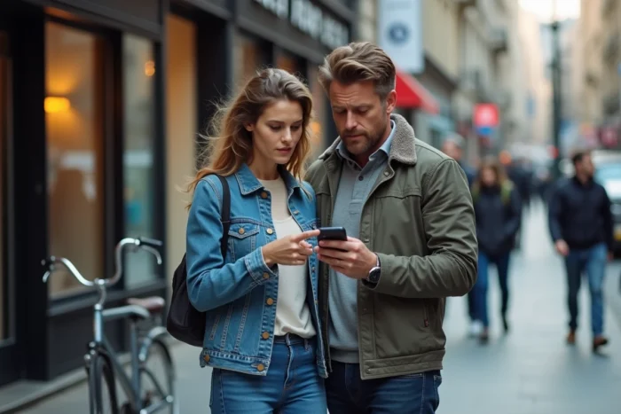 Deux personnes en ville réagissant à une publication de photo non autorisée sur un smartphone, vie privée et réseaux sociaux