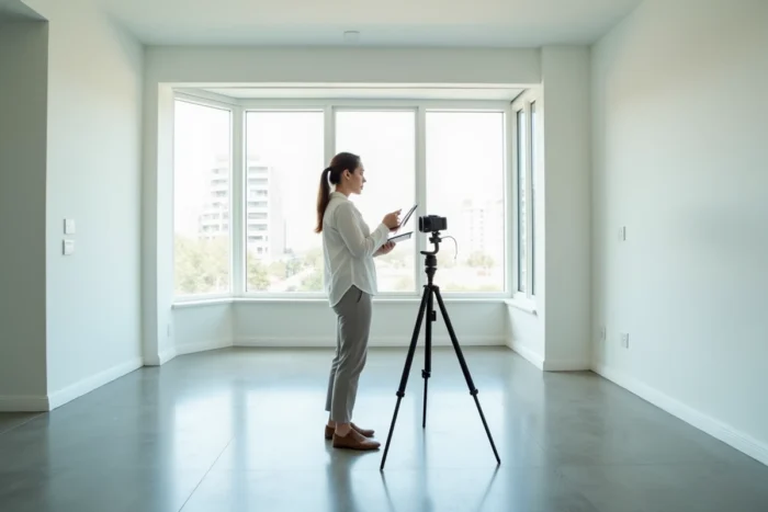 Photographe immobilière réglant une caméra 360 dans un appartement moderne vide pour une visite virtuelle