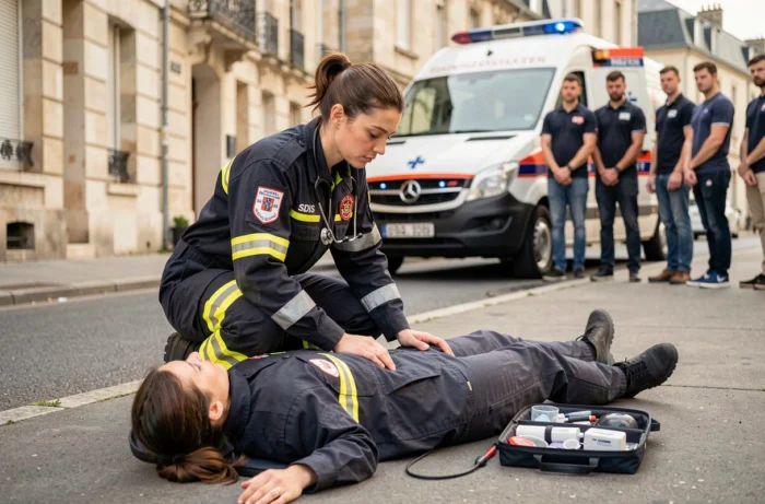 Pompier secouriste SDIS en intervention médicale lors d'un exercice de formation en milieu urbain