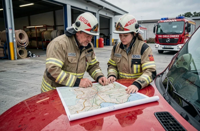 Pompiers SDIS consultant une carte tactique devant un camion incendie en caserne