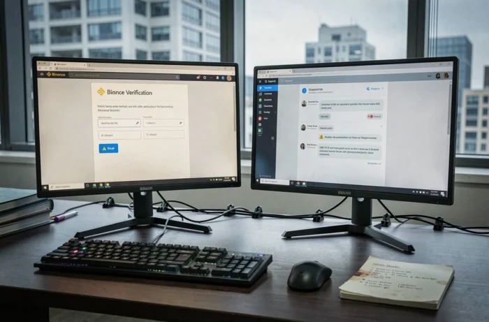 Poste de travail avec écrans affichant une vérification de compte Binance pour débloquer un retrait