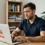 Homme frustré devant un message d'erreur de connexion sur son ordinateur portable dans un bureau à domicile