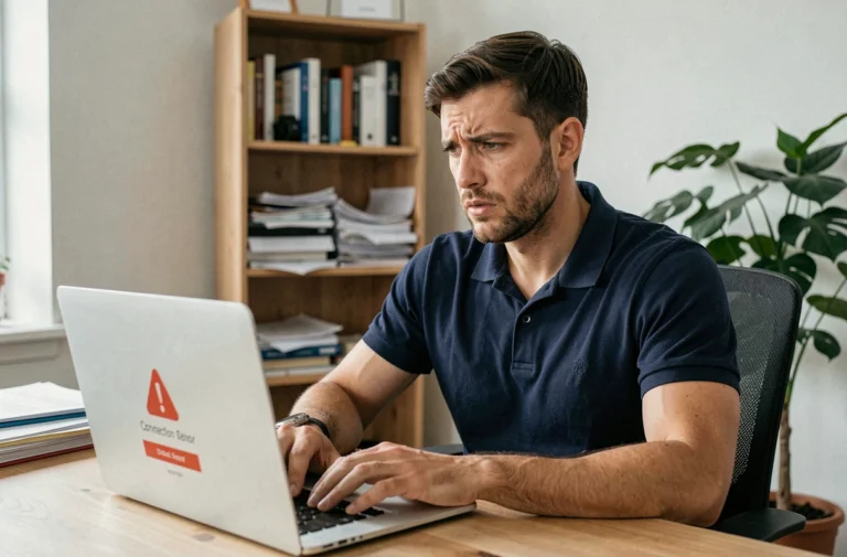 Homme frustré devant un message d'erreur de connexion sur son ordinateur portable dans un bureau à domicile