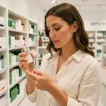 Femme examinant un sérum de soin Typology dans les rayons d'un magasin Sephora