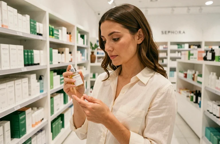 Femme examinant un sérum de soin Typology dans les rayons d'un magasin Sephora
