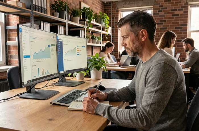 Professionnel analysant des tableaux de bord de gestion de projet sur deux écrans dans un espace de coworking moderne