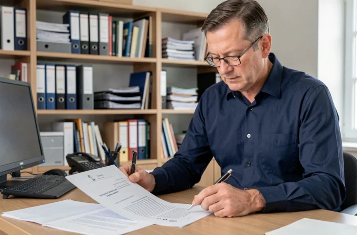 Propriétaire signant une attestation de loyer pour locataire dans un bureau à domicile