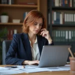 Femme consultant des photos sur un ordinateur portable dans un bureau à domicile, illustrant la protection de la vie privée numérique
