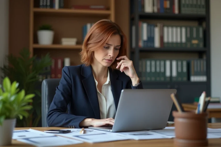 Femme consultant des photos sur un ordinateur portable dans un bureau à domicile, illustrant la protection de la vie privée numérique