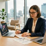 Psychologue professionnelle analysant un comparatif mondial des salaires dans un bureau moderne avec vue urbaine