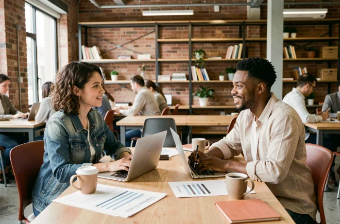 Deux jeunes psychologues comparant les salaires mondiaux de leur profession dans un espace de coworking moderne