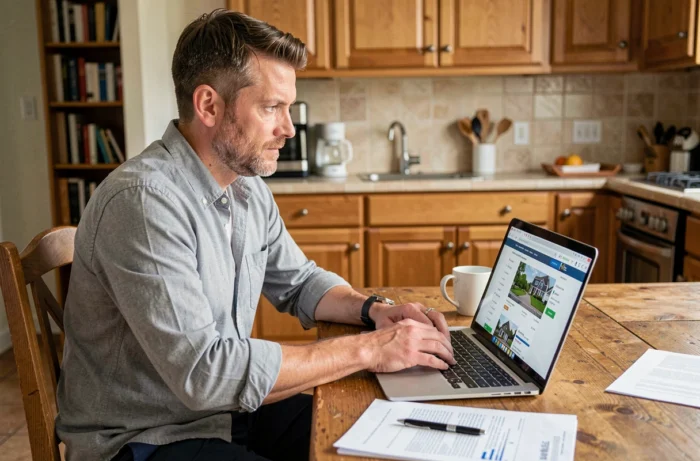 Homme recherchant des annonces de location immobilière sur un ordinateur portable chez lui