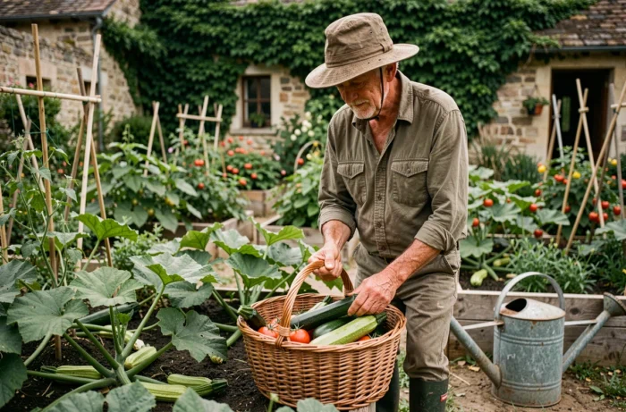 Homme récoltant des courgettes et des tomates dans un potager traditionnel à la campagne