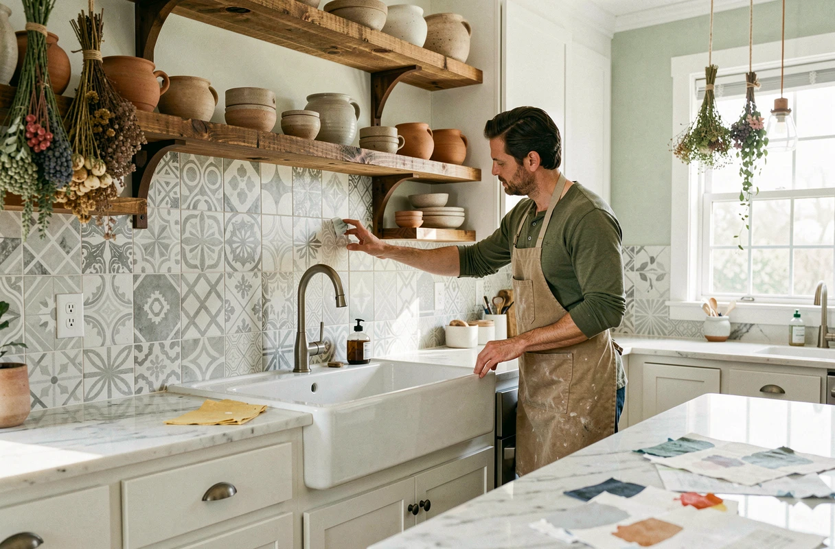 Homme rénovant une cuisine rustique avec des carreaux de ciment et des étagères en bois ouvertes