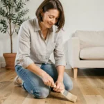 Femme appliquant un produit protecteur sur un parquet en chêne dans un salon au style scandinave épuré