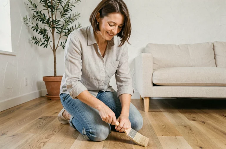 Femme appliquant un produit protecteur sur un parquet en chêne dans un salon au style scandinave épuré