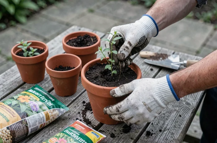 Mains en train de repiquer des plants d'herbes aromatiques dans des pots en terre cuite sur une table de jardin