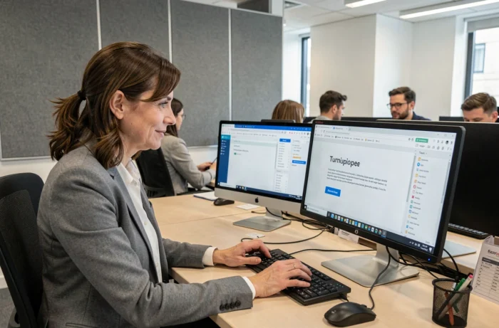 Femme en entreprise résolvant un problème de connexion sur une application web depuis son poste de travail en open space