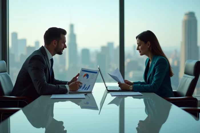 Deux professionnels B2B analysant des rapports de vente et des tableaux de bord analytiques en salle de réunion