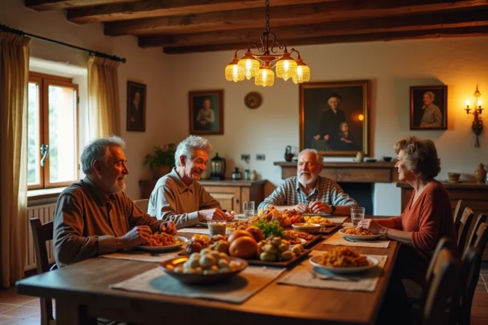 Réunion de famille multigénérationnelle autour d'une table rustique avec des plats traditionnels, ambiance chaleureuse aux origines culturelles diverses